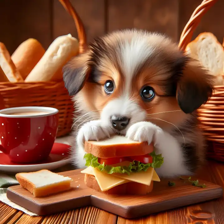 Puppy with a sandwich, generated with AI
