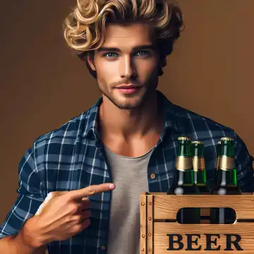 Young man with a crate of beer, generated with AI