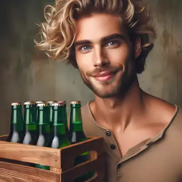 Young man with a crate of beer, generated with AI