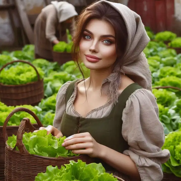 Frau erntet Salat, generiert mit KI