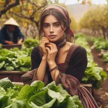 Woman harvesting lettuce, generated with AI