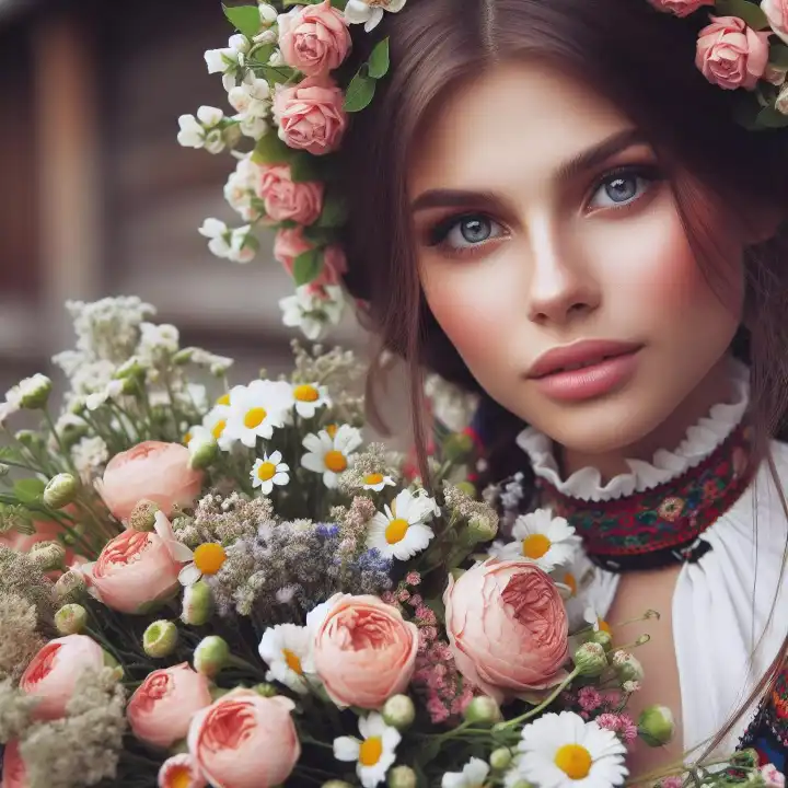 Pretty young woman with flowers, generated with AI