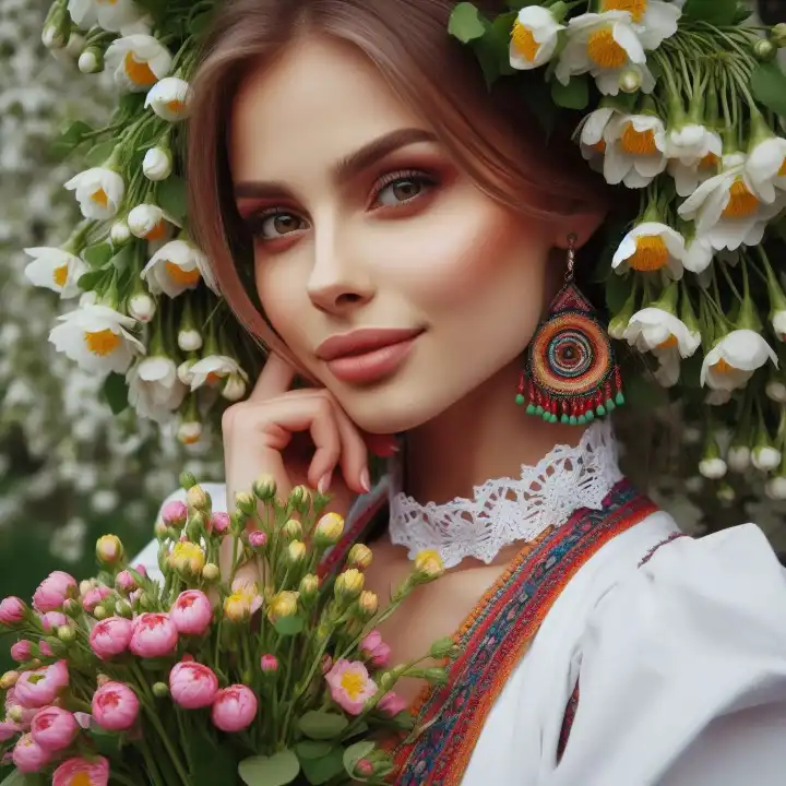 Pretty young woman with flowers, generated with AI