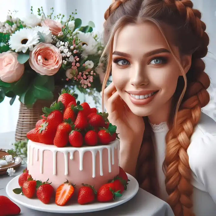 Young woman with strawberry cake, generated with AI