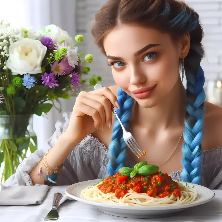 Frau mit Pasta Bolognese, generiert mit KI