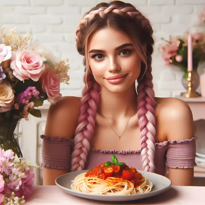 Woman with pasta bolognese, generated with AI