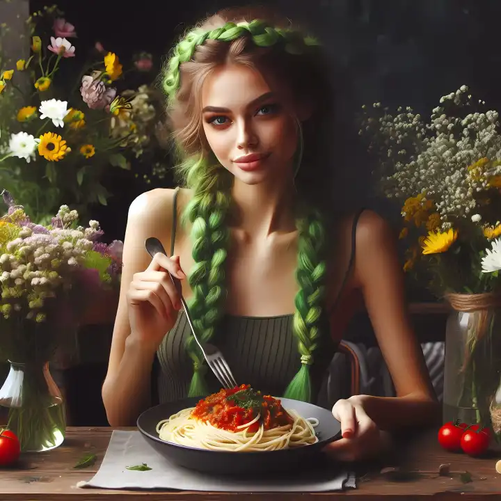 Woman with pasta bolognese, generated with AI