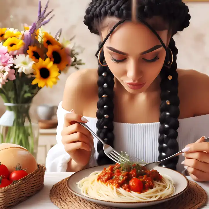Frau mit Pasta Bolognese, generiert mit KI