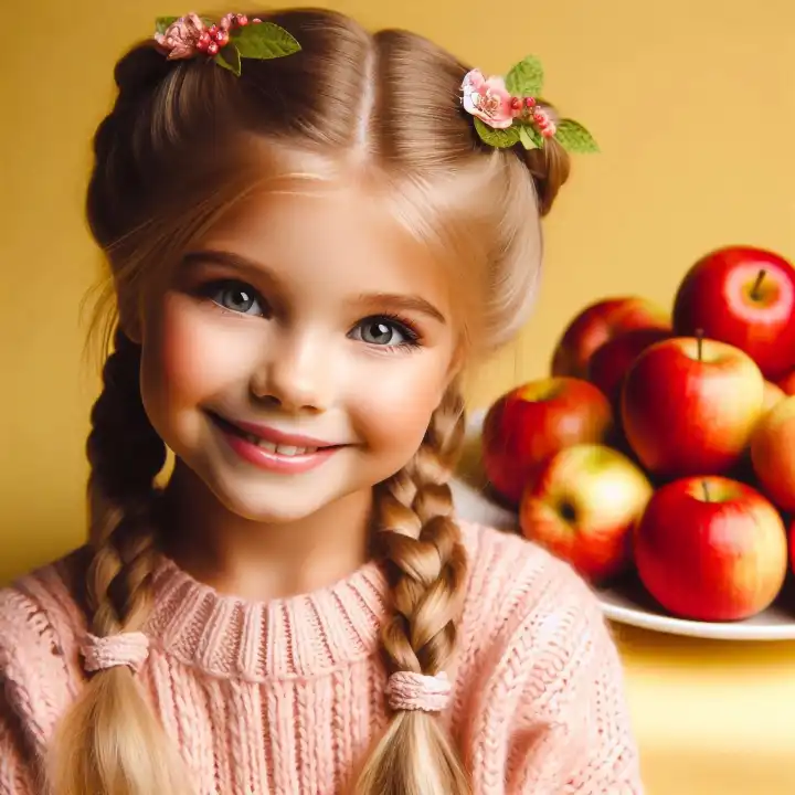 Kleines Mädchen mit roten Äpfeln, generiert mit KI