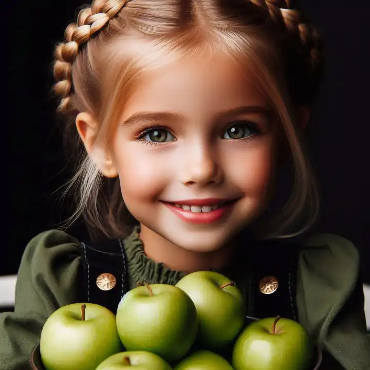 Kleines Mädchen mit grünen Äpfeln, generiert mit KI