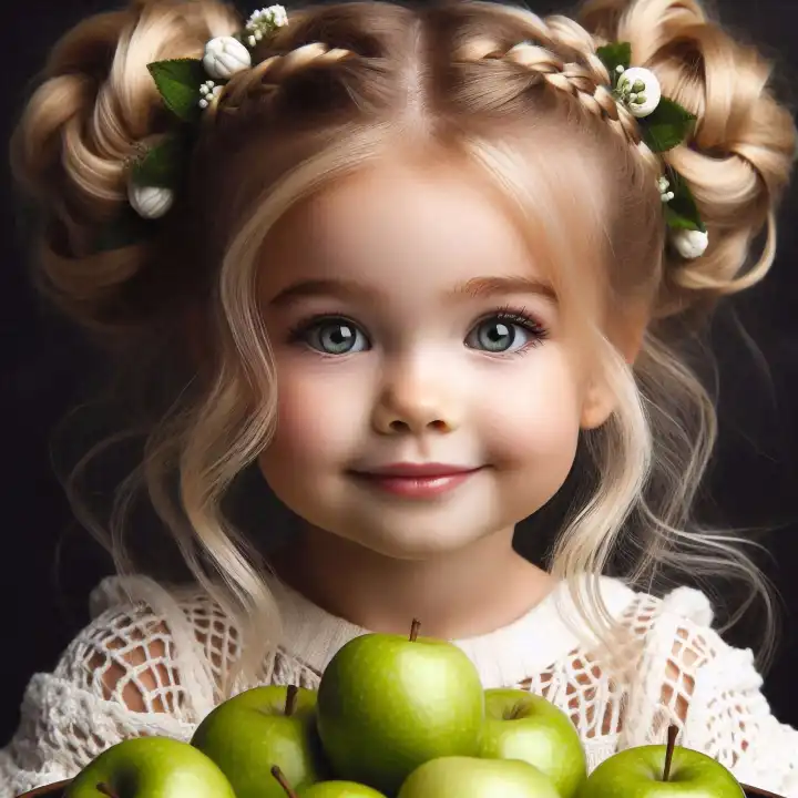 Kleines Mädchen mit grünen Äpfeln, generiert mit KI