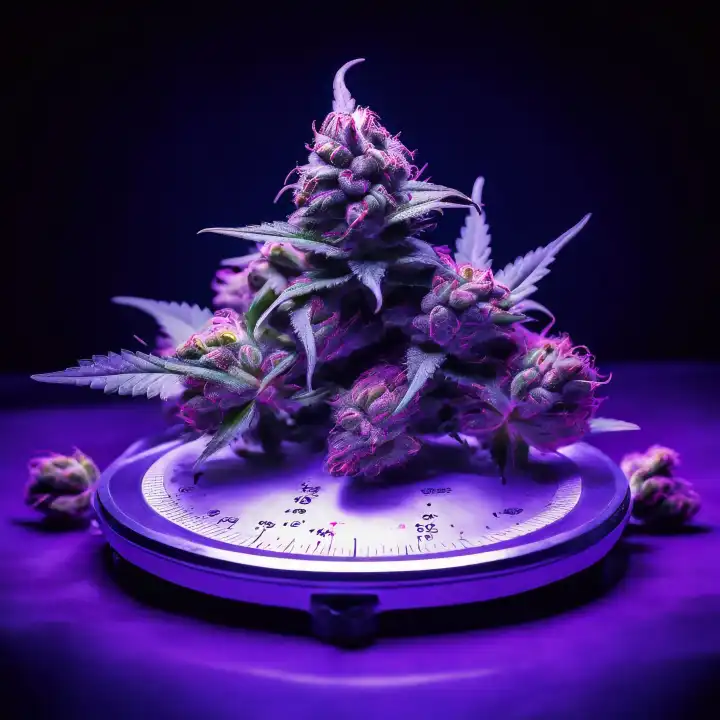 Purple Haze Weed Buds auf einer Waage, generiert mit KI