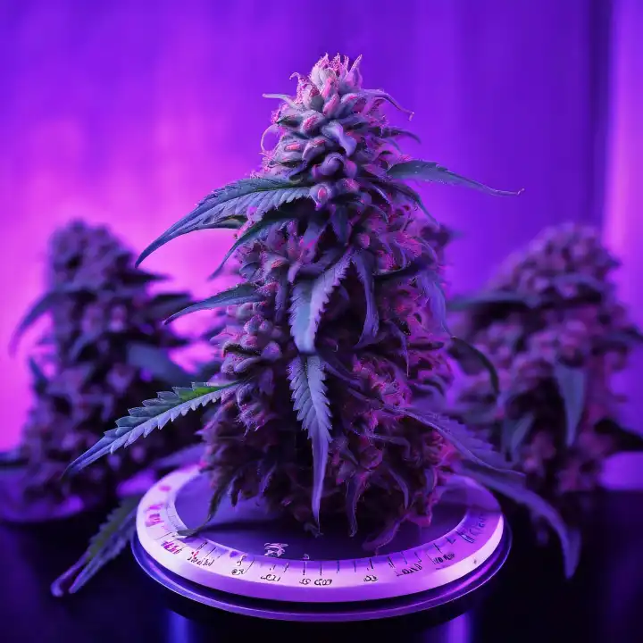 Purple Haze Weed Buds auf einer Waage, generiert mit KI