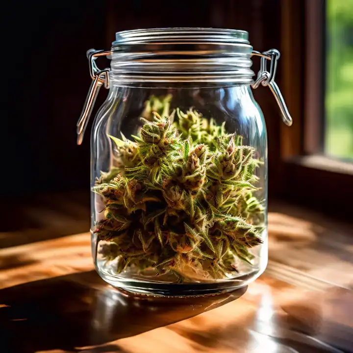 Cannabis in einem Vorratsglas, generiert mit KI