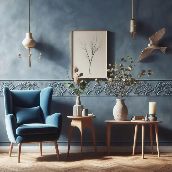Hintergrund, Wallpaper: blauer Sessel, generiert mit KI