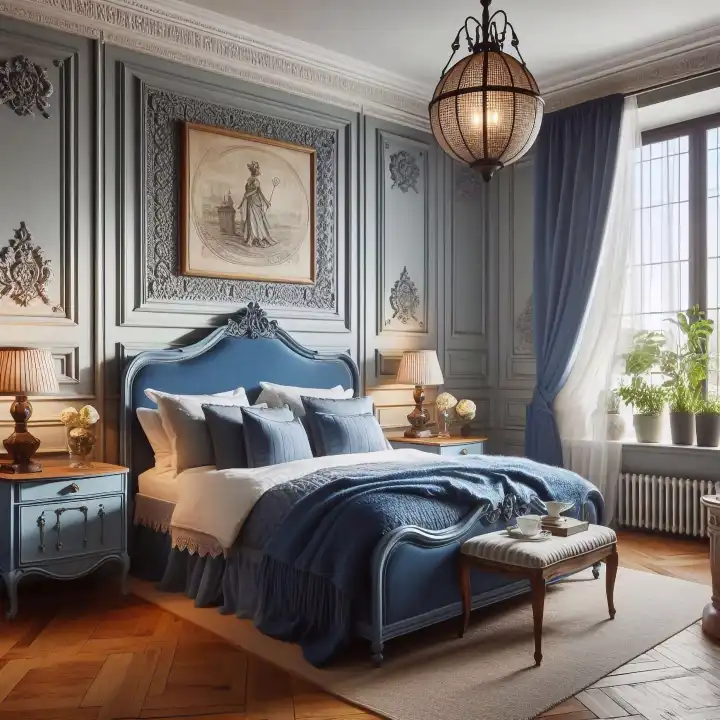 Englisches schlafzimmer in  blau, generiert mit KI