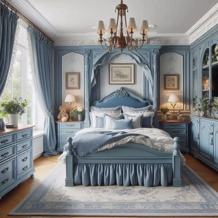 Englisches schlafzimmer in  blau, generiert mit KI