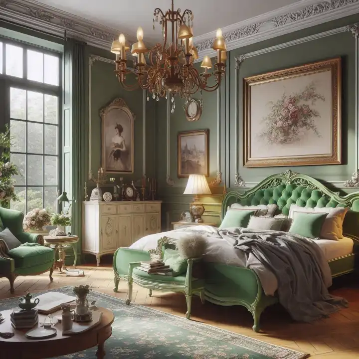 English bedroom in green, generated with AI