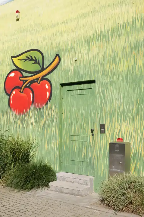 Wandmalerei an einer Hauswand, Motive Kirschen und Gras