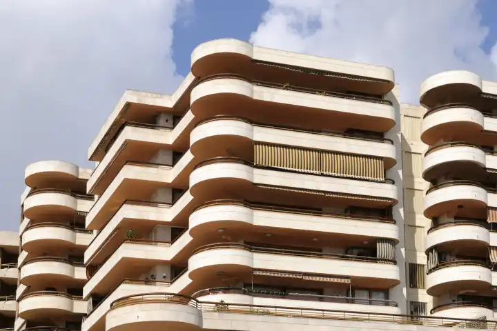 Facade of a hotel, 1974, in Palma, Majorca, Spain, Europe