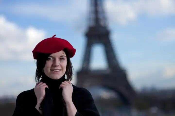 Mädchen mit rotem Barett und der Eiffelturm