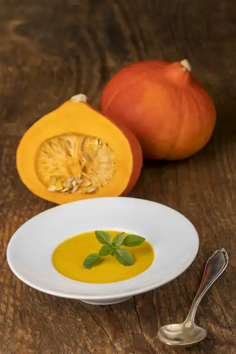 Close-up of pumpkin soup on wood 