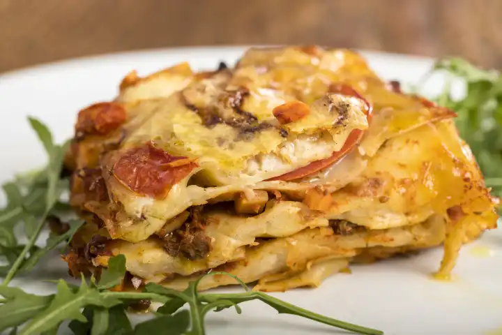 Close-up of a portion of lasagne
