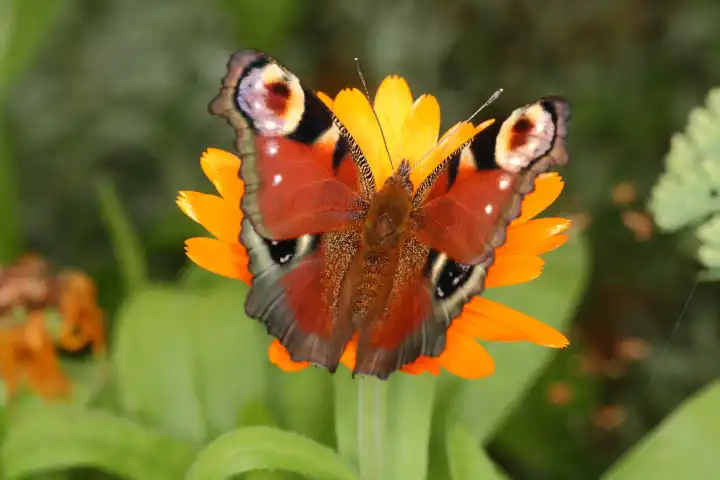 Top view of peacock butterfly sitting on yellow blossom and nibbling