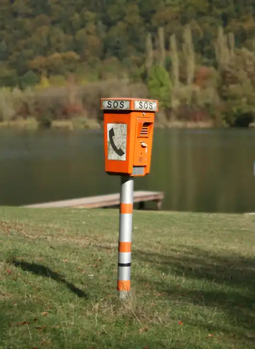 Emergency telephone at a swimming lake