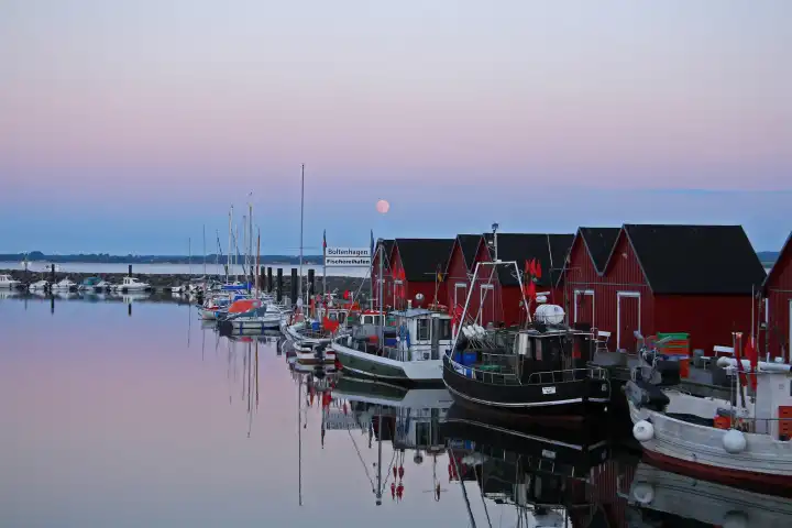 Fishing port Boltenhagen Tarnewitz Baltic Sea at sunset on full moon