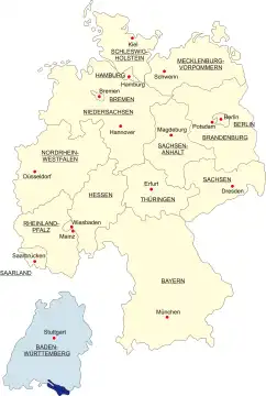 Map of Germany, national boundaries and national capitals State of Baden Württemberg cut out and separated