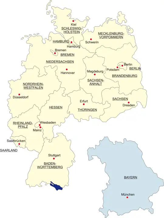 Map of Germany, national boundaries and national capitals State of Bavaria cut out and separated