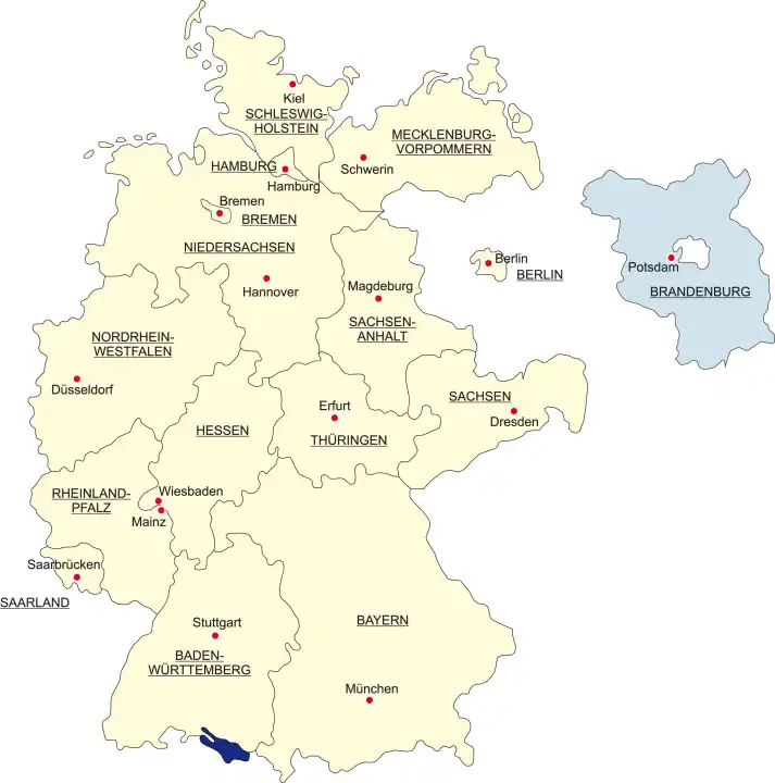 Map of Germany, national boundaries and national capitals State of Brandenburg cut out and separated