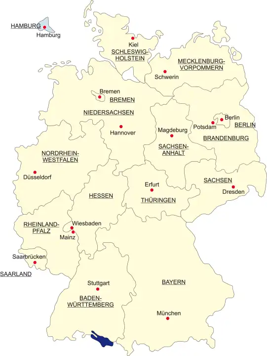 Map of Germany, national boundaries and national capitals State of Hamburg cut out and separated