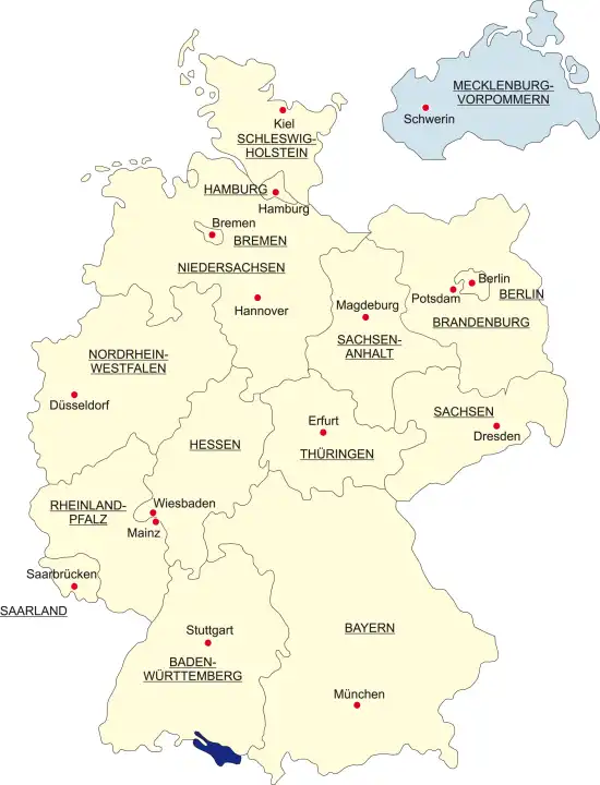 Map of Germany, national boundaries and national capitals State of Mecklenburg Western Pomerania cut out and separated