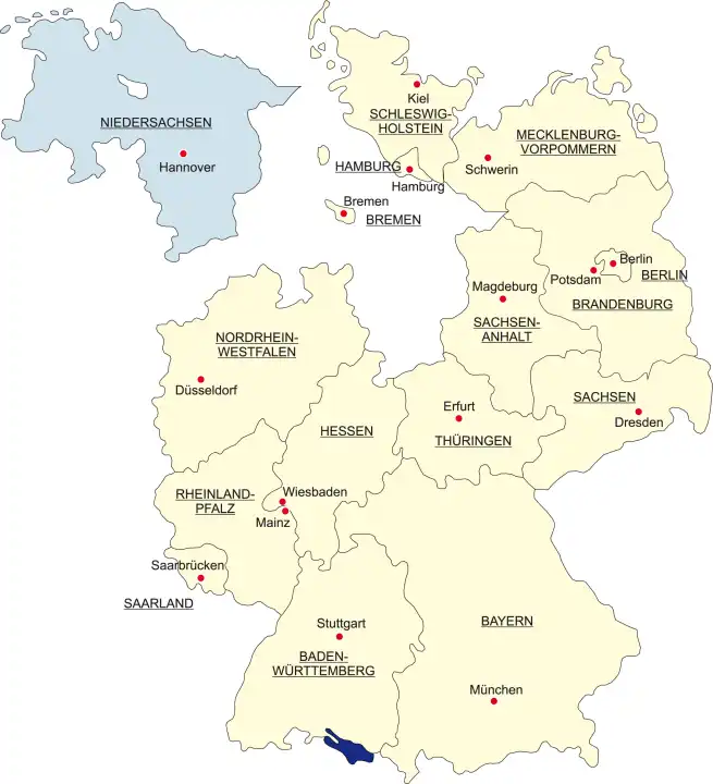 Map of Germany, national boundaries and national capitals State of Lower Saxony cut out and separated