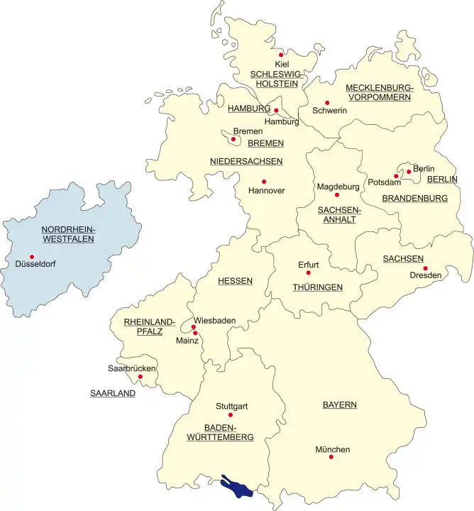 Map of Germany, national boundaries and national capitals State of North Rhine Westphalia cut out and separated