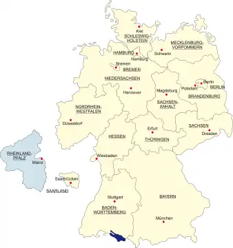 Map of Germany, national boundaries and national capitals State of Rhineland Palatinate cut out and separated
