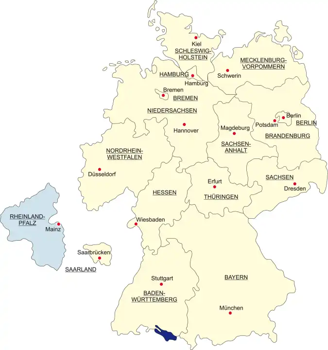 Map of Germany, national boundaries and national capitals State of Rhineland Palatinate cut out and separated