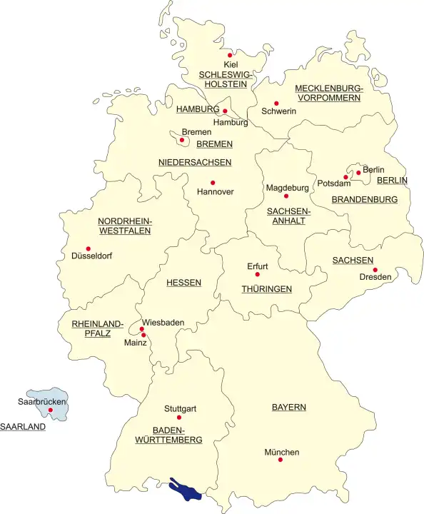 Map of Germany, national boundaries and national capitals State of Saarland cut out and separated