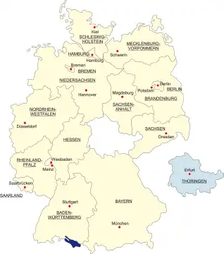 Map of Germany, national boundaries and national capitals State of Thuringia cut out and separated