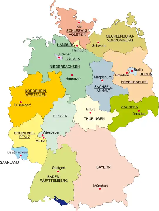 Karte Bundesrepublik Deutschland, Landesgrenzen und Landeshauptstädte, Länder farbig abgesetzt