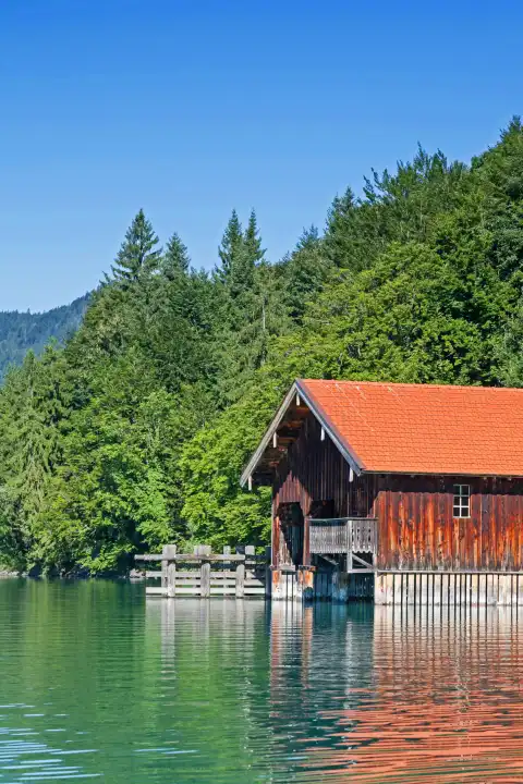 Idyllic boathouse on Walchensee in Upper Bavaria