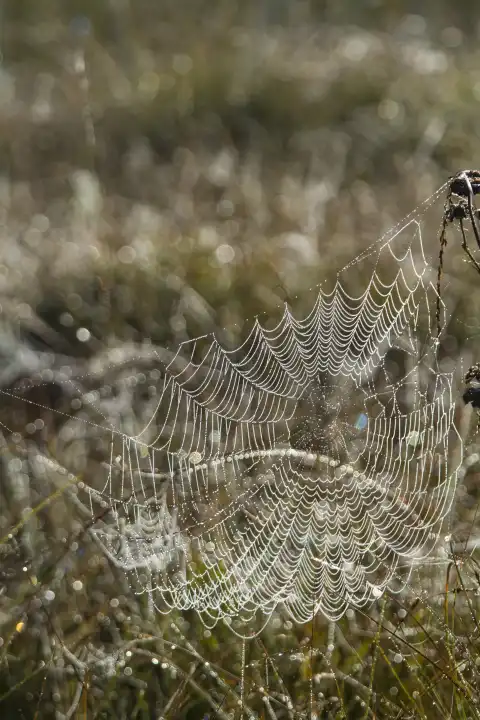 Morgentau - Wassertropfen om kunstvoll gefertigten Spinnennetz auf einer Moorwiese