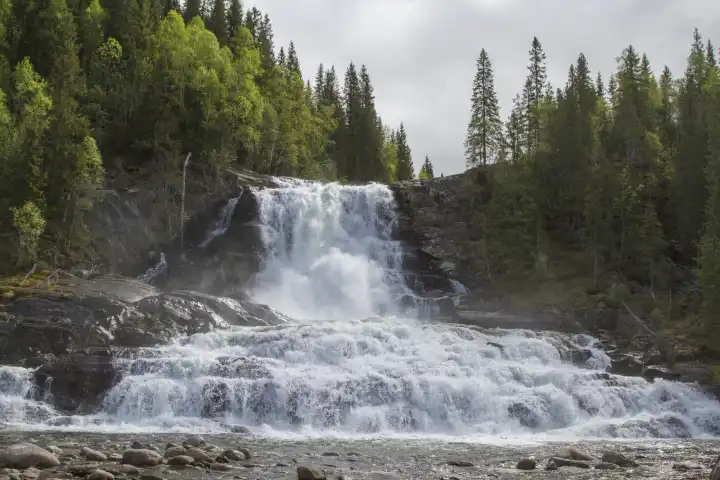 Mächtiger Wasserfall des Flusses Kongsmoelva in der norwegischen Provinz Nordtrondelag