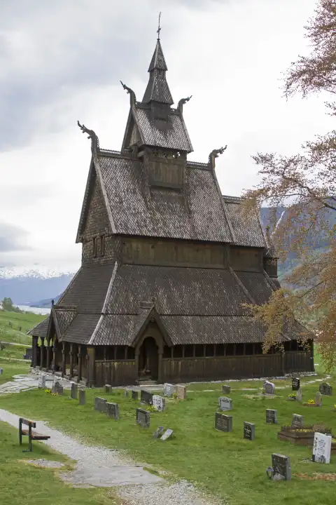 The Hopperstad stave church is located on a hill near the beautiful Sognefjord