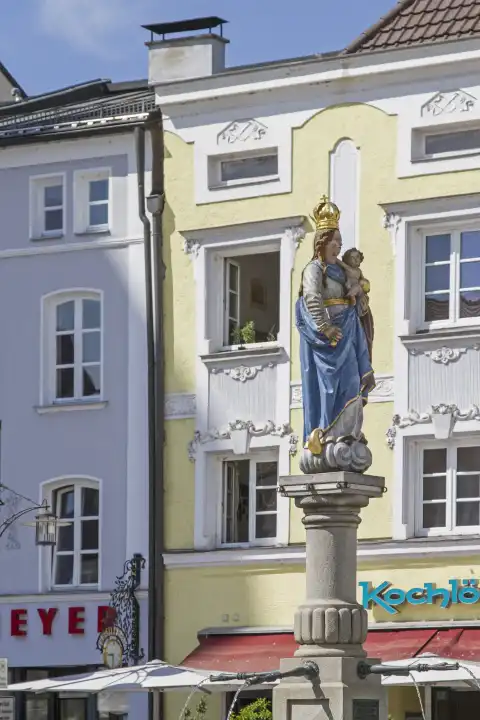 Statue of Mary on the town square of the Lower Bavarian district town of Deggendorf, which is also known as the gateway to the Bavarian Forest due to its location in the Danube Valley at the foot of t