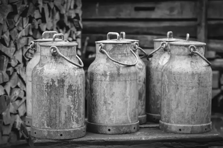 many old milk canisters at a farm