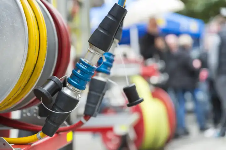 Compressed air connections of a vehicle of the fire brigade at a People s Festival