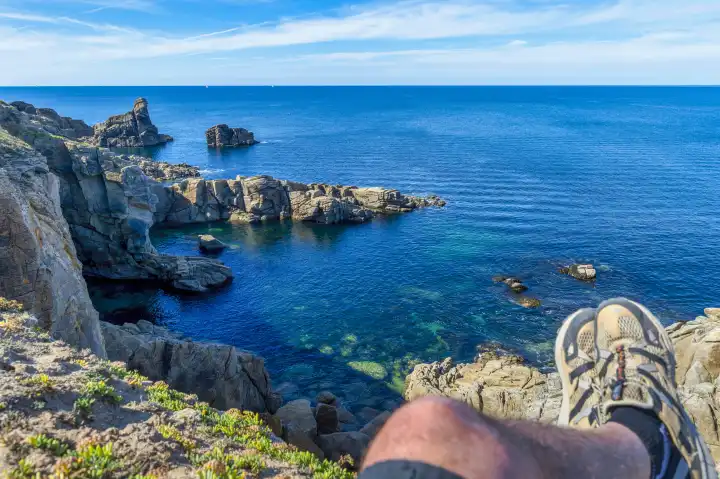 Legs, Feet, Man, Sit, Edge, Cliff, Quiberon Peninsula, Brittany, France